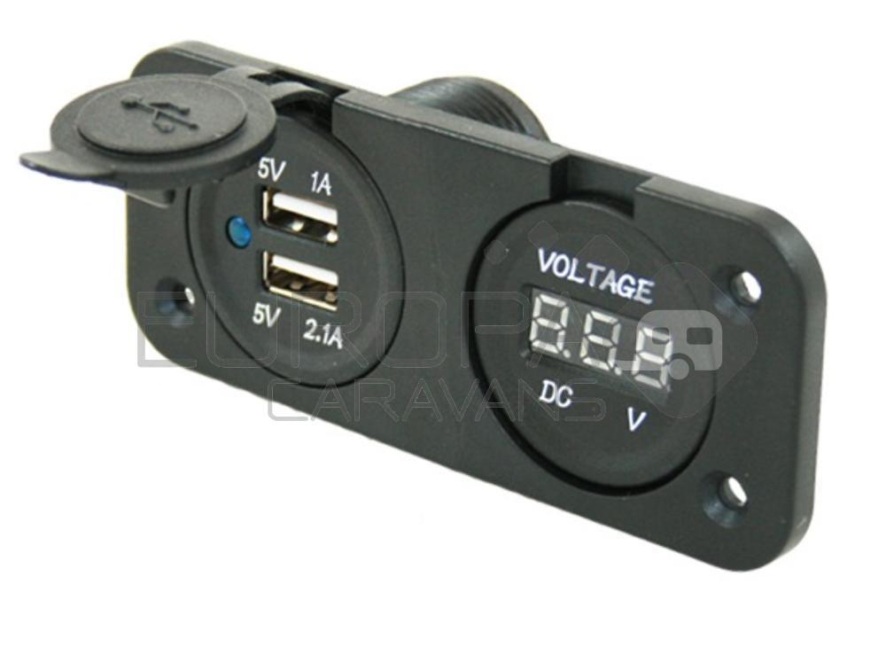 Power Line Voltmeter + 2x USB Lader Inbouw Zwart